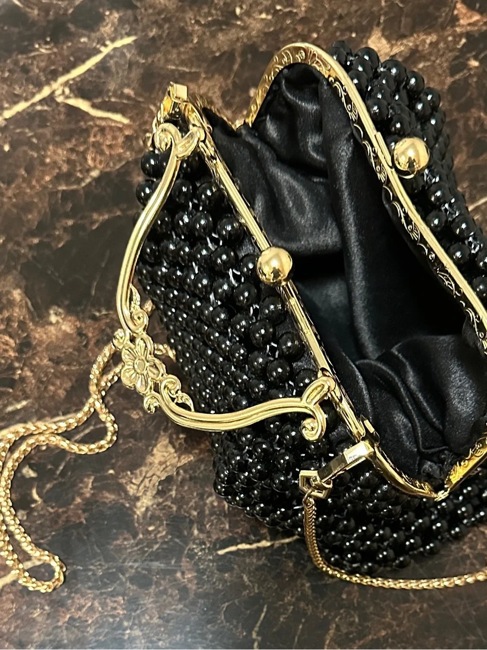 Gold-Trim Black Beaded Evening Clutch with Chain Strap